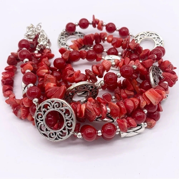 Premier Designs Red Beaded 3-Strand Silver Necklace - Picture 2 of 3